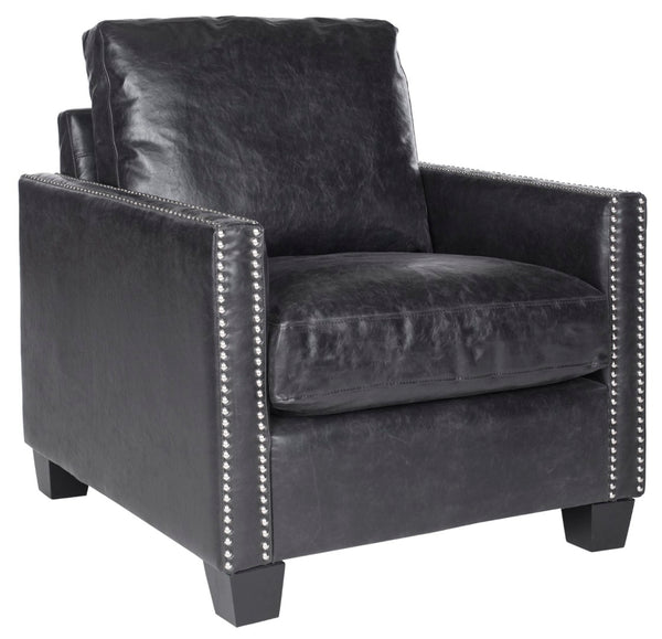 Safavieh Horace Leather Club Chair With Silver Nail Heads – Luxurious Antique Black Pu, Overstuffed Comfort MCR4736A