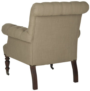 Safavieh Bennet Club Chair - Modern Edwardian Tufted Accent Seat In True Taupe Linen With Black Birch Feet MCR4737A
