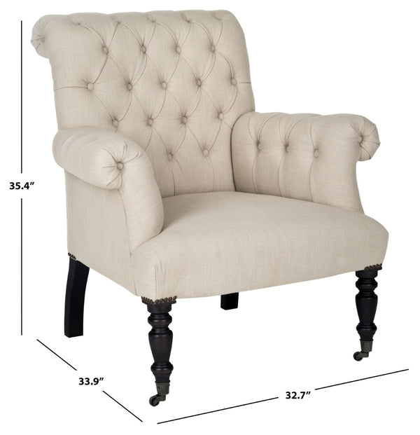 Safavieh Bennet Club Chair - Modern Edwardian Tufted Accent Seat In True Taupe Linen With Black Birch Feet MCR4737A
