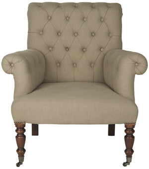 Safavieh Bennet Club Chair - Modern Edwardian Tufted Accent Seat In True Taupe Linen With Black Birch Feet MCR4737A