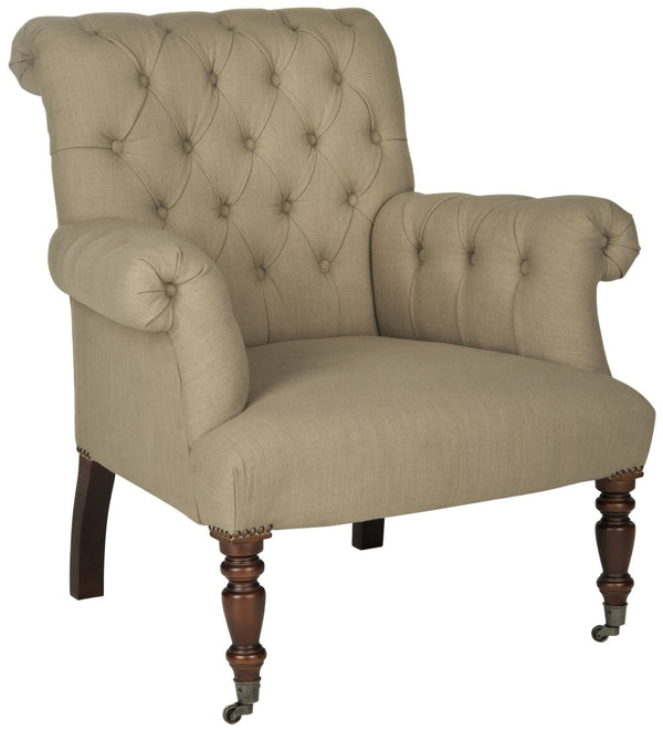 Safavieh Bennet Club Chair - Modern Edwardian Tufted Accent Seat In True Taupe Linen With Black Birch Feet MCR4737A