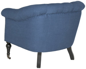Safavieh Nicolas Tufted Club Chair - Elegant Steel Blue Linen Accent Chair With Rolled Arms & Casters MCR4740A