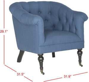 Safavieh Nicolas Tufted Club Chair - Elegant Steel Blue Linen Accent Chair With Rolled Arms & Casters MCR4740A
