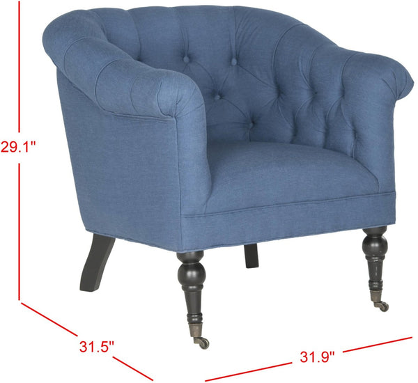 Safavieh Nicolas Tufted Club Chair - Elegant Steel Blue Linen Accent Chair With Rolled Arms & Casters MCR4740A
