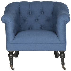 Safavieh Nicolas Tufted Club Chair - Elegant Steel Blue Linen Accent Chair With Rolled Arms & Casters MCR4740A