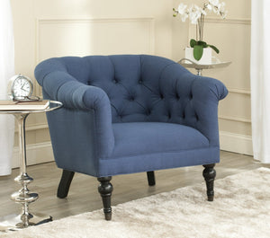 Safavieh Nicolas Tufted Club Chair - Elegant Steel Blue Linen Accent Chair With Rolled Arms & Casters MCR4740A