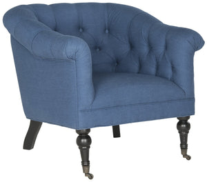 Safavieh Nicolas Tufted Club Chair - Elegant Steel Blue Linen Accent Chair With Rolled Arms & Casters MCR4740A