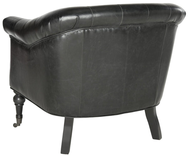 Safavieh Nicolas Tufted Club Chair – Antique Black Pu Leather, Elegant Design With Rolled Arms & Casters MCR4740B