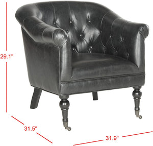 Safavieh Nicolas Tufted Club Chair – Antique Black Pu Leather, Elegant Design With Rolled Arms & Casters MCR4740B