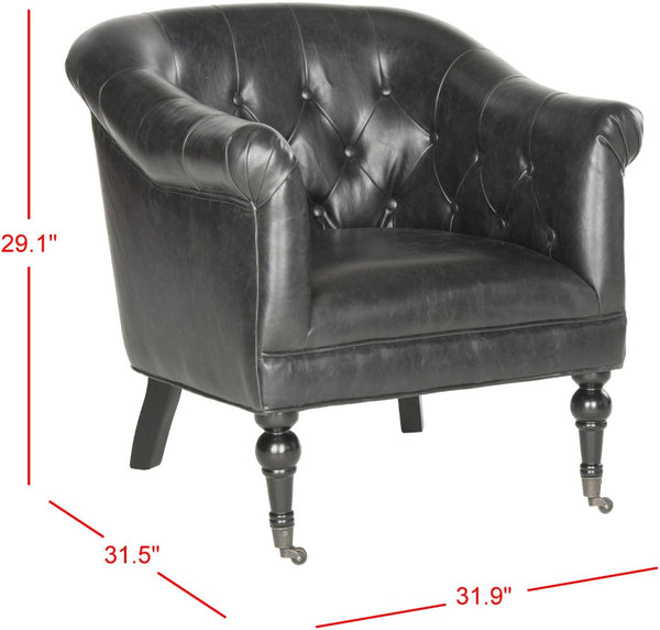 Safavieh Nicolas Tufted Club Chair – Antique Black Pu Leather, Elegant Design With Rolled Arms & Casters MCR4740B