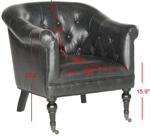 Safavieh Nicolas Tufted Club Chair – Antique Black Pu Leather, Elegant Design With Rolled Arms & Casters MCR4740B