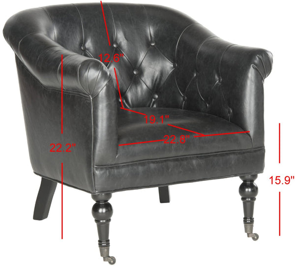 Safavieh Nicolas Tufted Club Chair – Antique Black Pu Leather, Elegant Design With Rolled Arms & Casters MCR4740B