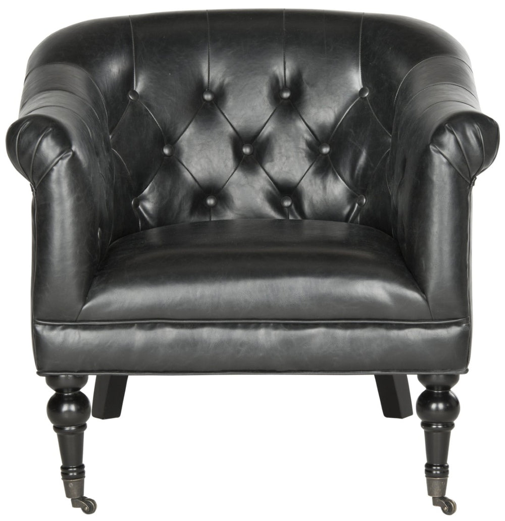 Safavieh Nicolas Tufted Club Chair – Antique Black Pu Leather, Elegant Design With Rolled Arms & Casters MCR4740B