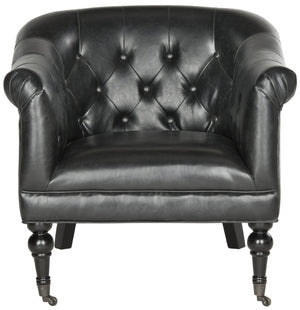 Safavieh Nicolas Tufted Club Chair – Antique Black Pu Leather, Elegant Design With Rolled Arms & Casters MCR4740B