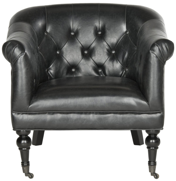 Safavieh Nicolas Tufted Club Chair – Antique Black Pu Leather, Elegant Design With Rolled Arms & Casters MCR4740B