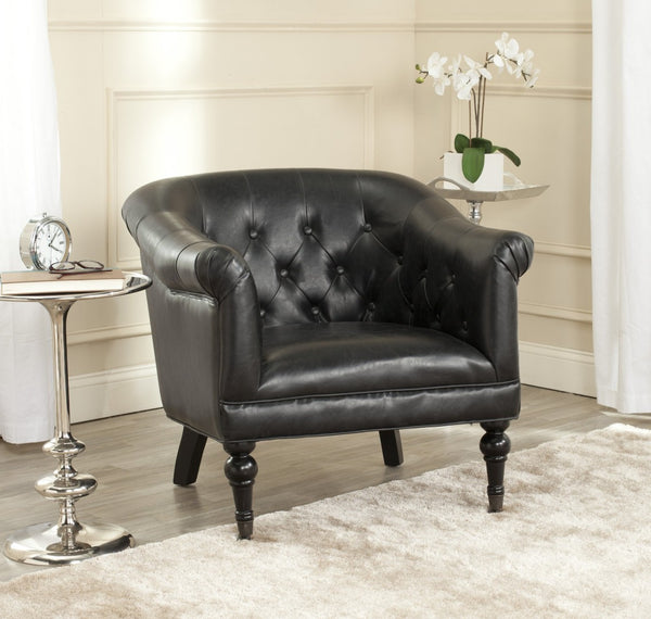 Safavieh Nicolas Tufted Club Chair – Antique Black Pu Leather, Elegant Design With Rolled Arms & Casters MCR4740B