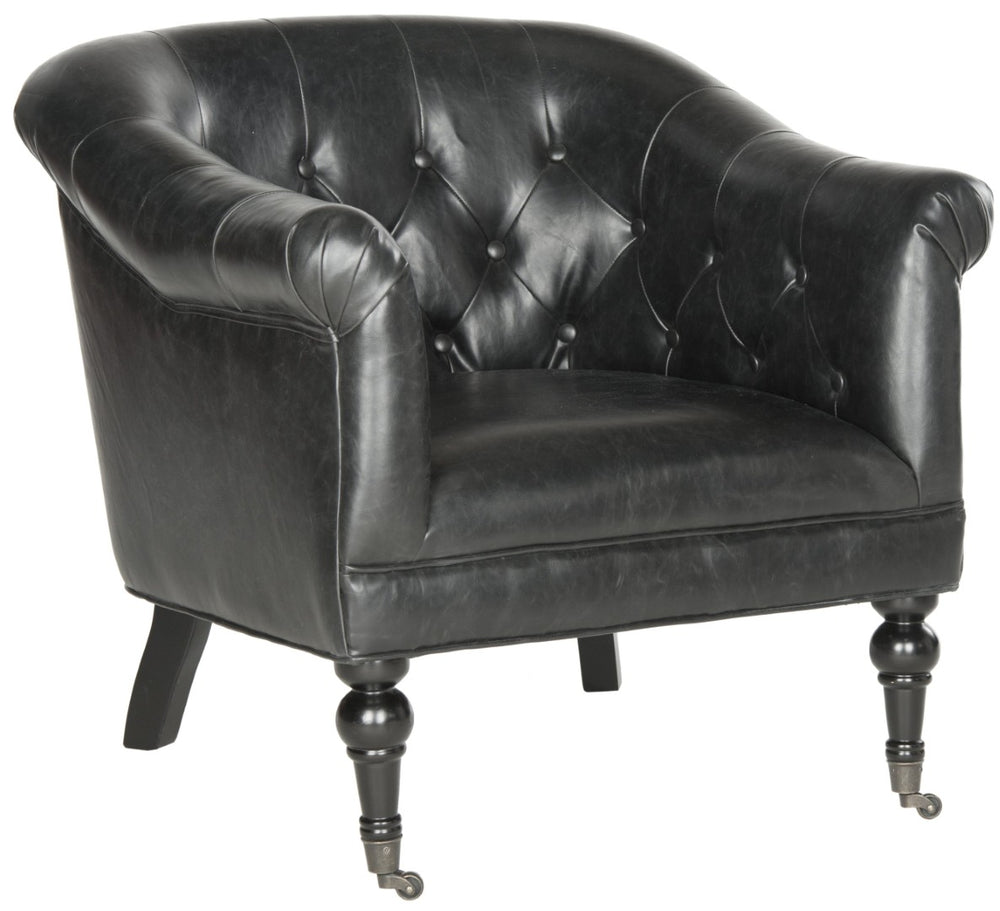 Safavieh Nicolas Tufted Club Chair – Antique Black Pu Leather, Elegant Design With Rolled Arms & Casters MCR4740B