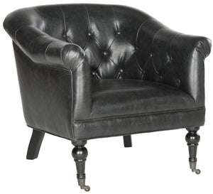 Safavieh Nicolas Tufted Club Chair – Antique Black Pu Leather, Elegant Design With Rolled Arms & Casters MCR4740B
