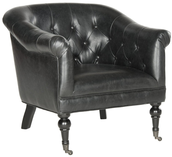 Safavieh Nicolas Tufted Club Chair – Antique Black Pu Leather, Elegant Design With Rolled Arms & Casters MCR4740B