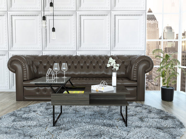 English Elm Armin Espresso Lift-Top Coffee Table with Metal Legs, One Shelf & Double Side Open Shelves - Onyx B20092024