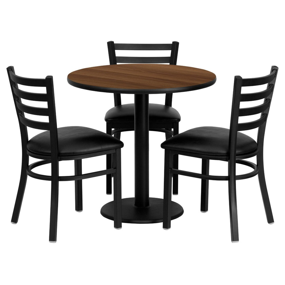 English Elm Clark 30'' Round Walnut Laminate Table Set with 3 Durable Metal Chairs - Perfect for Dining Spaces MD-0002-GG