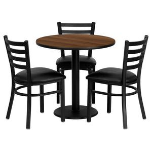 English Elm Clark 30'' Round Walnut Laminate Table Set with 3 Durable Metal Chairs - Perfect for Dining Spaces MD-0002-GG