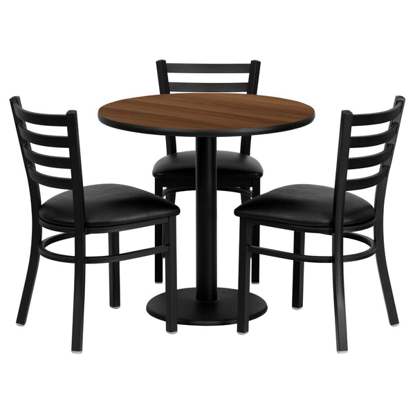 English Elm Clark 30'' Round Walnut Laminate Table Set with 3 Durable Metal Chairs - Perfect for Dining Spaces MD-0002-GG