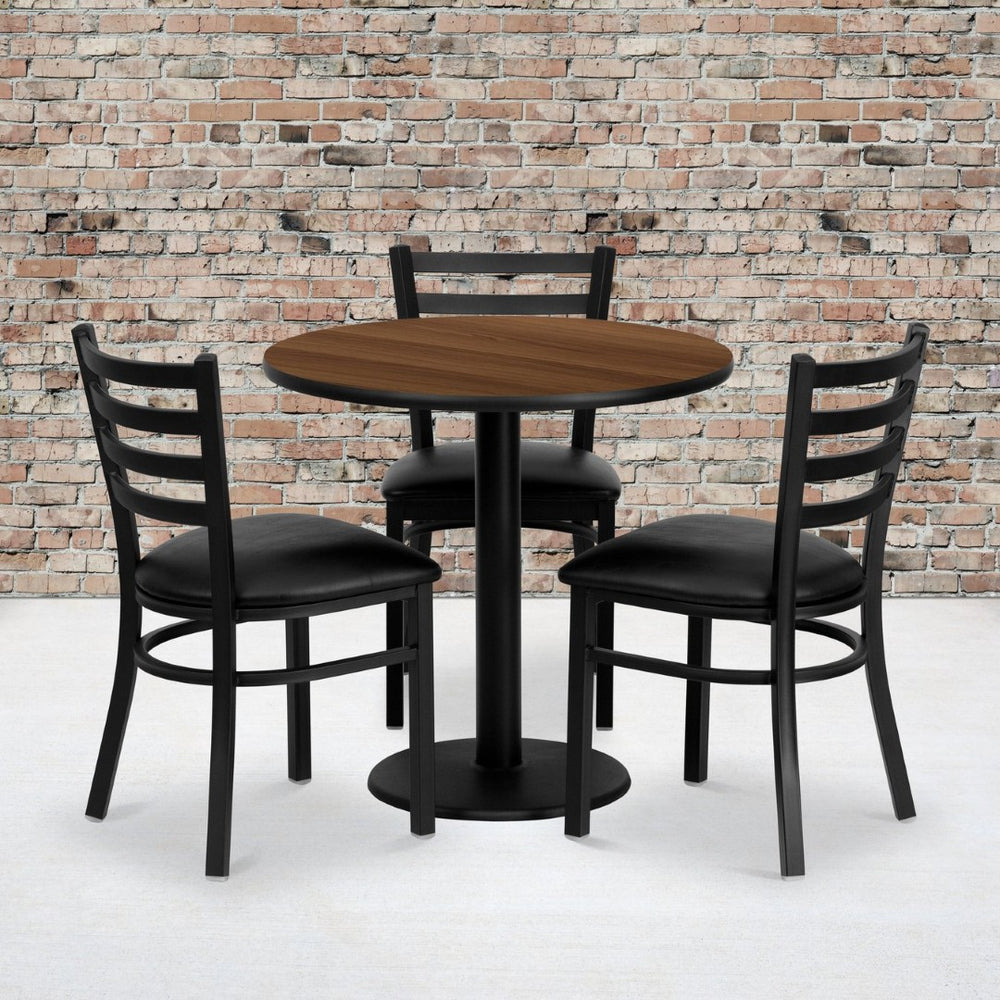 English Elm Clark 30'' Round Walnut Laminate Table Set with 3 Durable Metal Chairs - Perfect for Dining Spaces MD-0002-GG