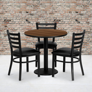English Elm Clark 30'' Round Walnut Laminate Table Set with 3 Durable Metal Chairs - Perfect for Dining Spaces MD-0002-GG