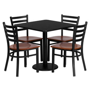 English Elm Clark 30" Square Black Laminate Dining Set with 4 Sturdy Metal Chairs and Cherry Plywood Seats MD-0003-GG