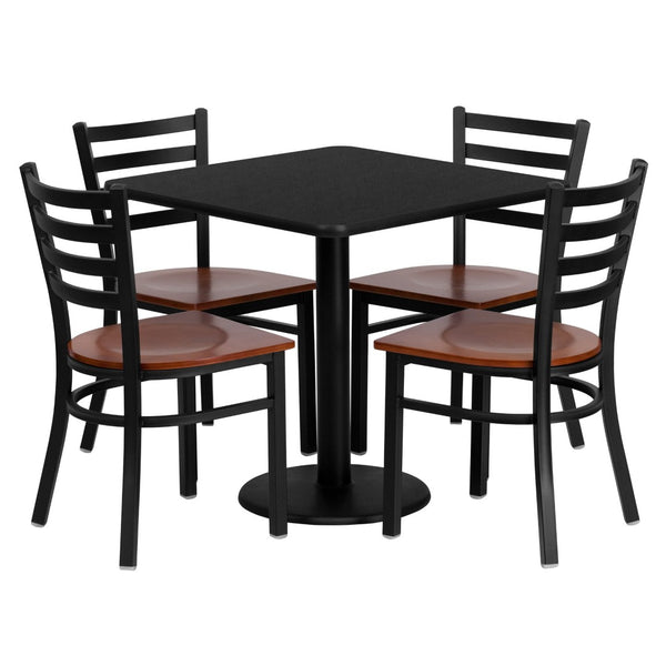 English Elm Clark 30" Square Black Laminate Dining Set with 4 Sturdy Metal Chairs and Cherry Plywood Seats MD-0003-GG