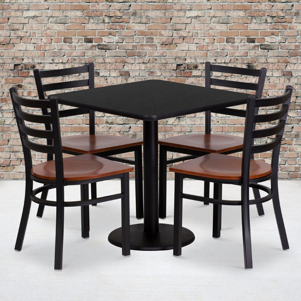 English Elm Clark 30" Square Black Laminate Dining Set with 4 Sturdy Metal Chairs and Cherry Plywood Seats MD-0003-GG