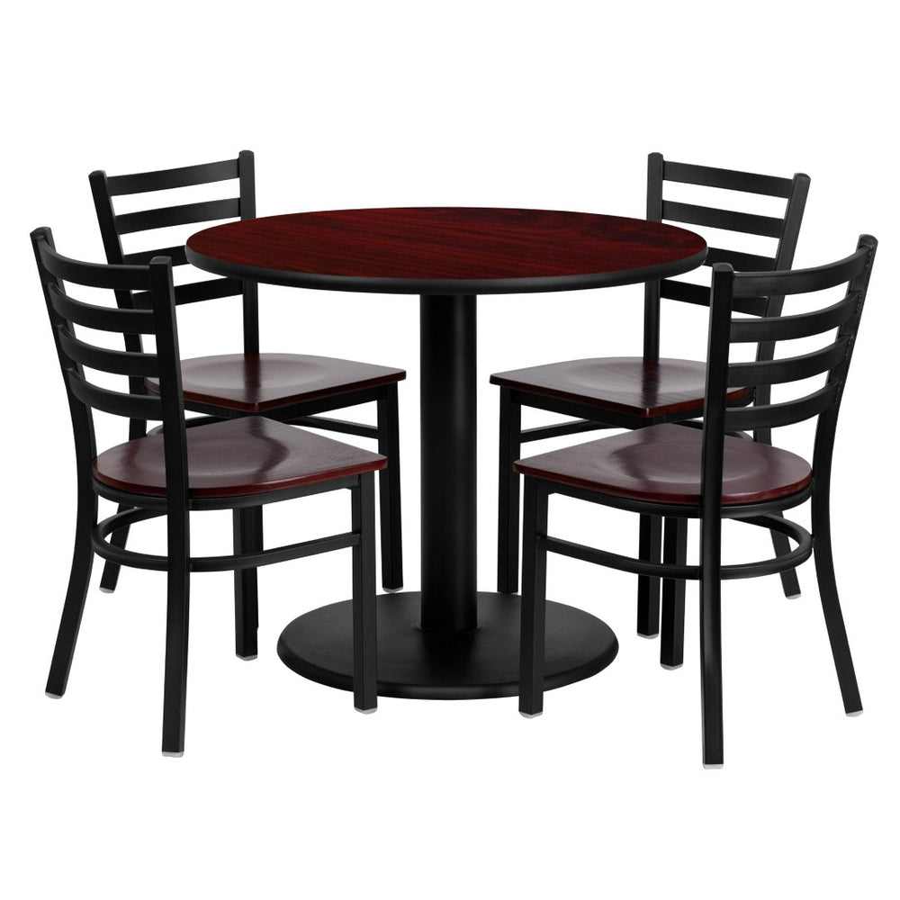 English Elm Clark 36" Round Mahogany Laminate Table Set with 4 Sturdy Metal Ladder Back Chairs for Events MD-0004-GG