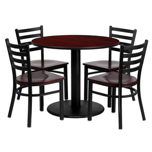 English Elm Clark 36" Round Mahogany Laminate Table Set with 4 Sturdy Metal Ladder Back Chairs for Events MD-0004-GG