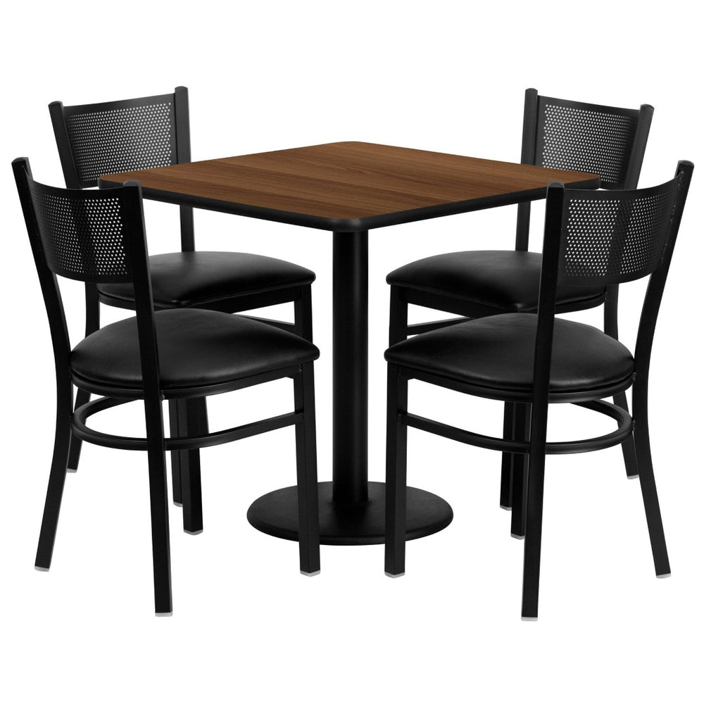 English Elm Clark 30'' Square Walnut Laminate Table Set with 4 Sturdy Metal Chairs - Ideal for Dining & Events MD-0005-GG