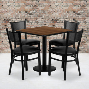 English Elm Clark 30'' Square Walnut Laminate Table Set with 4 Sturdy Metal Chairs - Ideal for Dining & Events MD-0005-GG