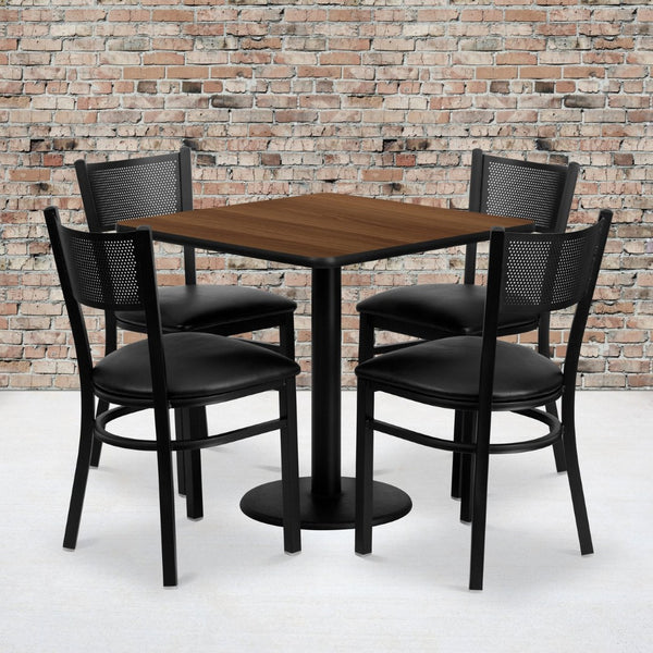 English Elm Clark 30'' Square Walnut Laminate Table Set with 4 Sturdy Metal Chairs - Ideal for Dining & Events MD-0005-GG