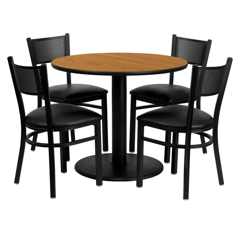 English Elm Clark 36'' Round Natural Laminate Table Set with 4 Grid-Back Chairs – Perfect for Events & Dining MD-0006-GG