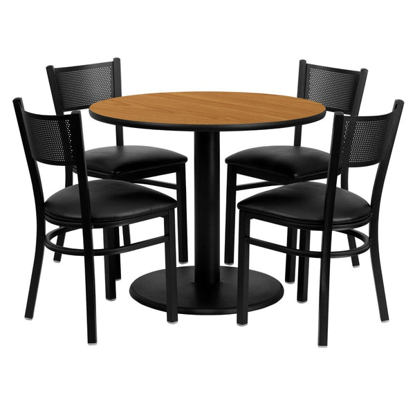 English Elm Clark 36'' Round Natural Laminate Table Set with 4 Grid-Back Chairs – Perfect for Events & Dining MD-0006-GG
