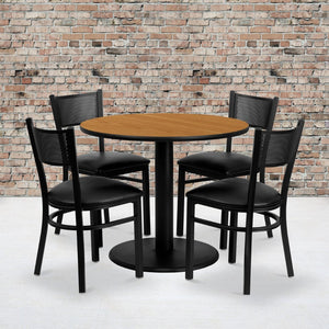 English Elm Clark 36'' Round Natural Laminate Table Set with 4 Grid-Back Chairs – Perfect for Events & Dining MD-0006-GG