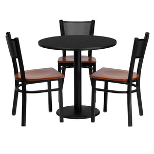 English Elm Clark 30" Round Black Laminate Table Set with 3 Stylish Grid-Back Metal Chairs & Cherry Seats MD-0007-GG