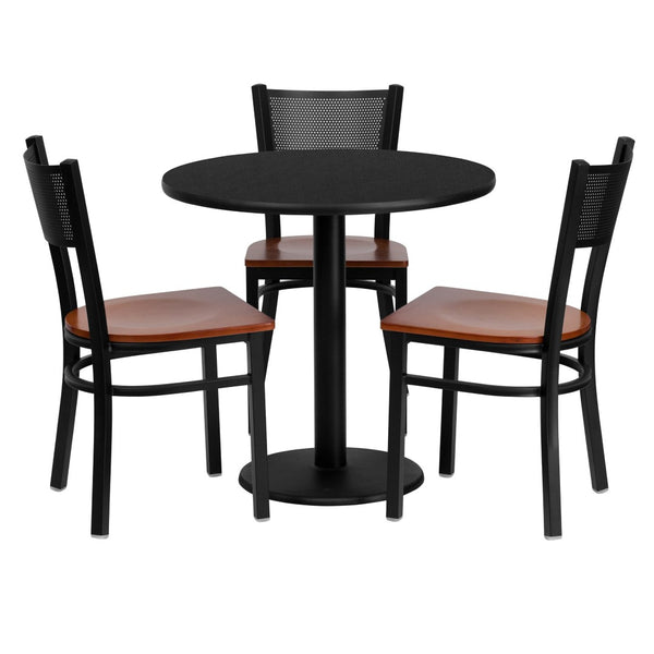 English Elm Clark 30" Round Black Laminate Table Set with 3 Stylish Grid-Back Metal Chairs & Cherry Seats MD-0007-GG