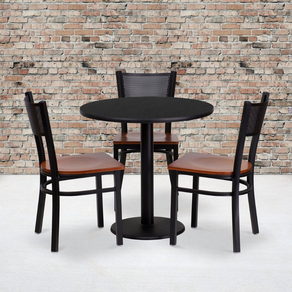 English Elm Clark 30" Round Black Laminate Table Set with 3 Stylish Grid-Back Metal Chairs & Cherry Seats MD-0007-GG