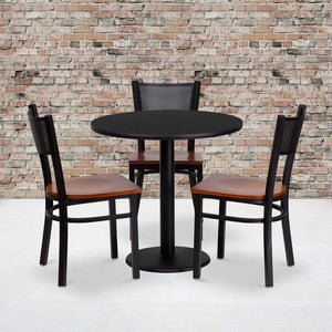 English Elm Clark 30" Round Black Laminate Table Set with 3 Stylish Grid-Back Metal Chairs & Cherry Seats MD-0007-GG