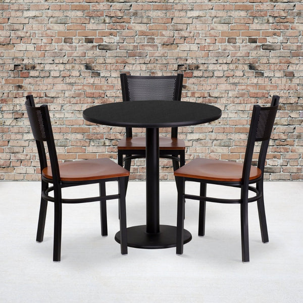 English Elm Clark 30" Round Black Laminate Table Set with 3 Stylish Grid-Back Metal Chairs & Cherry Seats MD-0007-GG