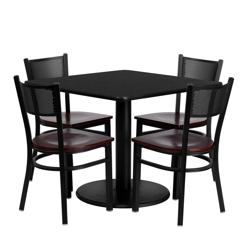 English Elm Clark 36'' Square Black Laminate Table Set with 4 Mahogany Seat Metal Chairs for Events & Dining MD-0008-GG