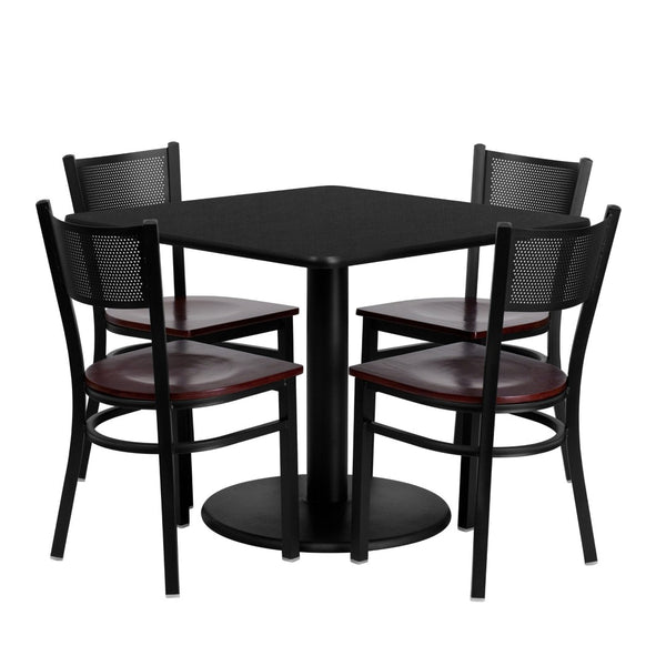 English Elm Clark 36'' Square Black Laminate Table Set with 4 Mahogany Seat Metal Chairs for Events & Dining MD-0008-GG