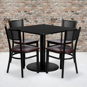 English Elm Clark 36'' Square Black Laminate Table Set with 4 Mahogany Seat Metal Chairs for Events & Dining MD-0008-GG