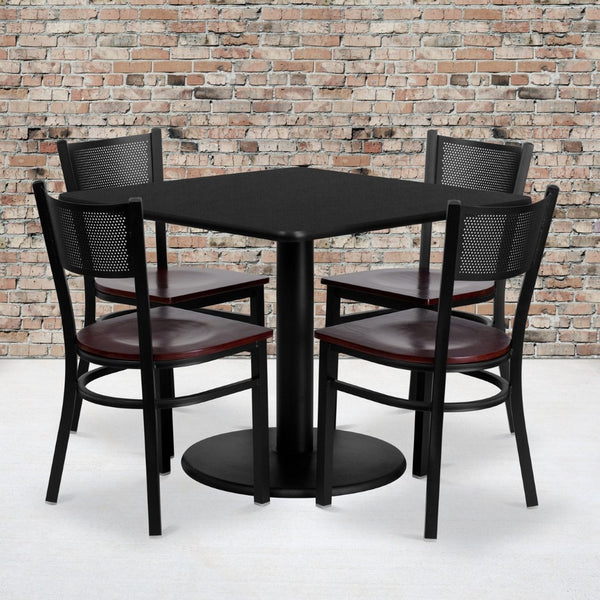 English Elm Clark 36'' Square Black Laminate Table Set with 4 Mahogany Seat Metal Chairs for Events & Dining MD-0008-GG