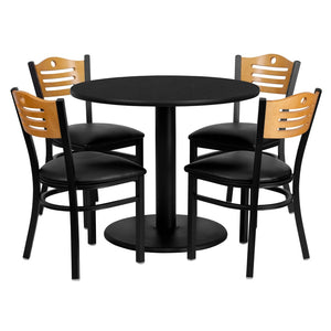 English Elm Clark 36'' Round Black Laminate Table Set with 4 Comfortable Metal Chairs - Perfect for Events! MD-0009-GG